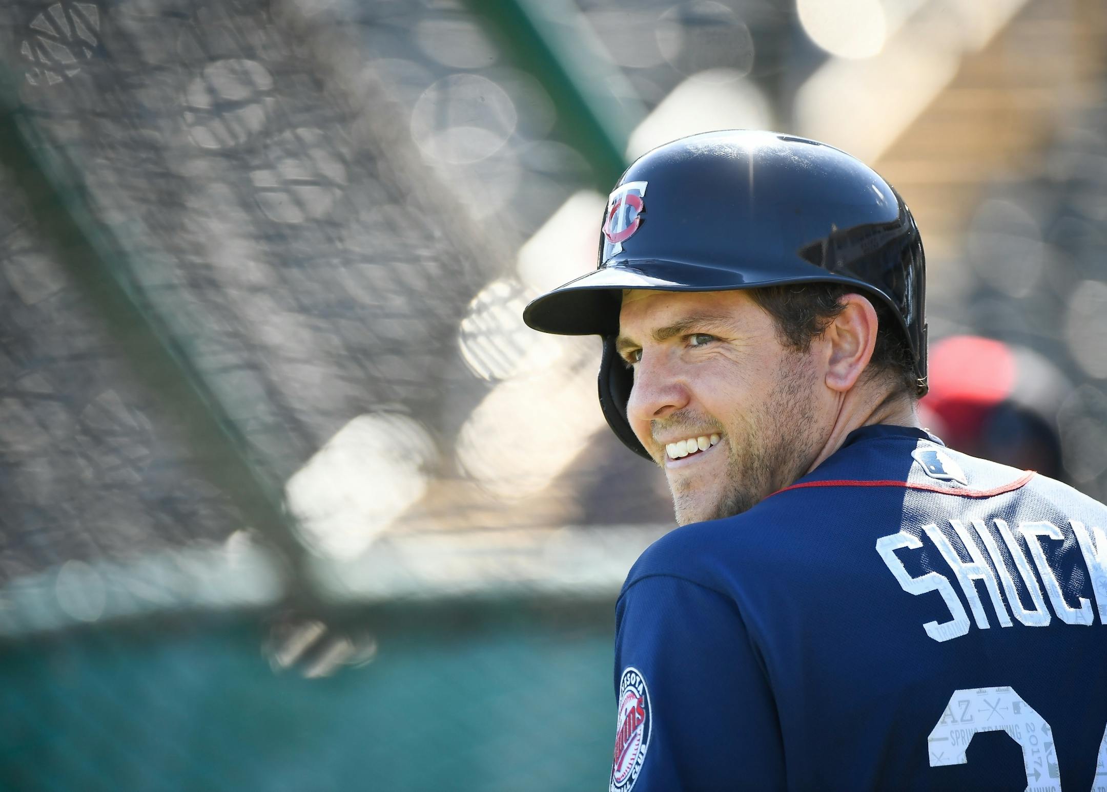 Minnesota Twins outfielder J.B. Shuck (24) looked on during batting practice.