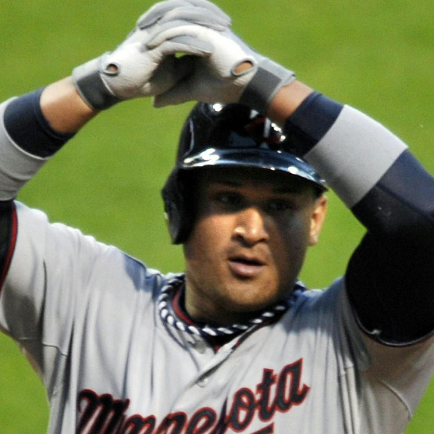 Minnesota Twins' Oswaldo Arcia celebrates his solo home run in the fourth inning of a baseball game against the Cleveland Indians, Saturday, June 22, 2013, in Cleveland. (AP Photo/David Richard)