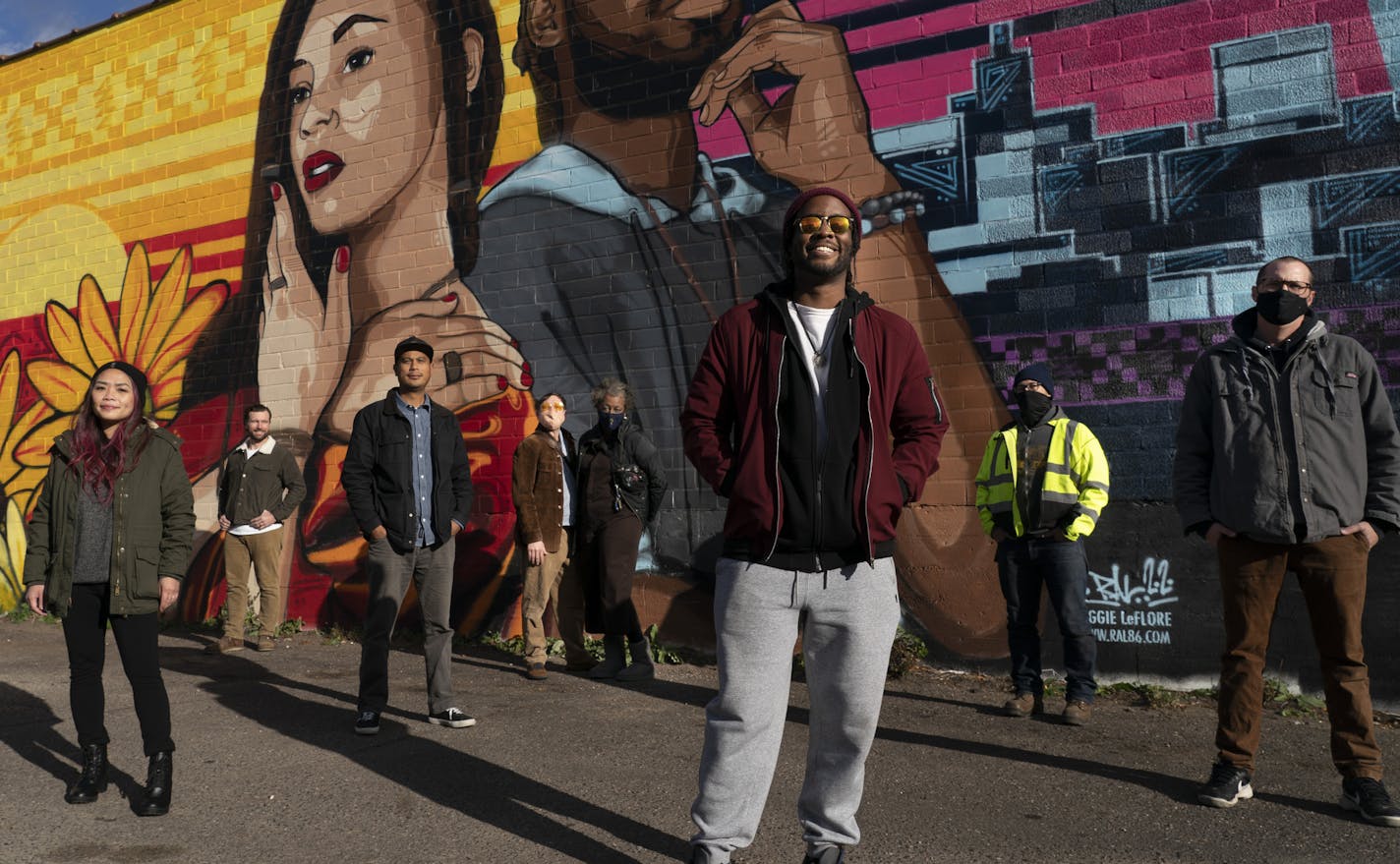 Muralists from the left; Xee Reiter, Ryoe (Ryan Ryoe, Witt Siasoco, Beatrix*Jar (Jacob Roske and Bianca Pettis), RAL86 (Reggie LeFlore), Wes Winship and WUNDR in St. Paul.