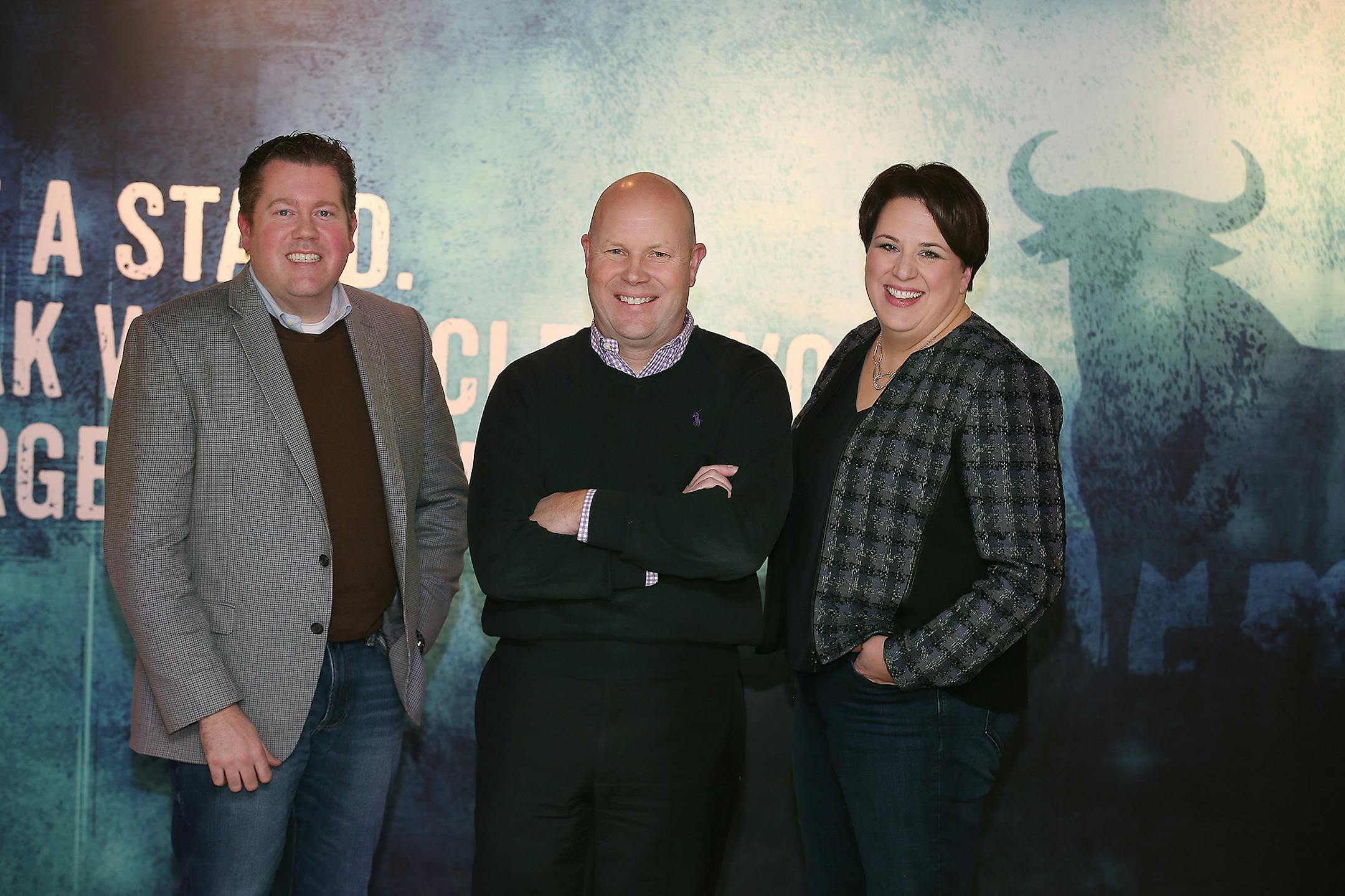Troy Schroeder, president of business group and ventures for B+Co, left, Dean Broadhead, founder, center, and Beth Burgy, president of Broadhead. “We have a strong focus in terms of food and agriculture and connecting urban and rural. Business has been very good for us,” Broadhead said.
