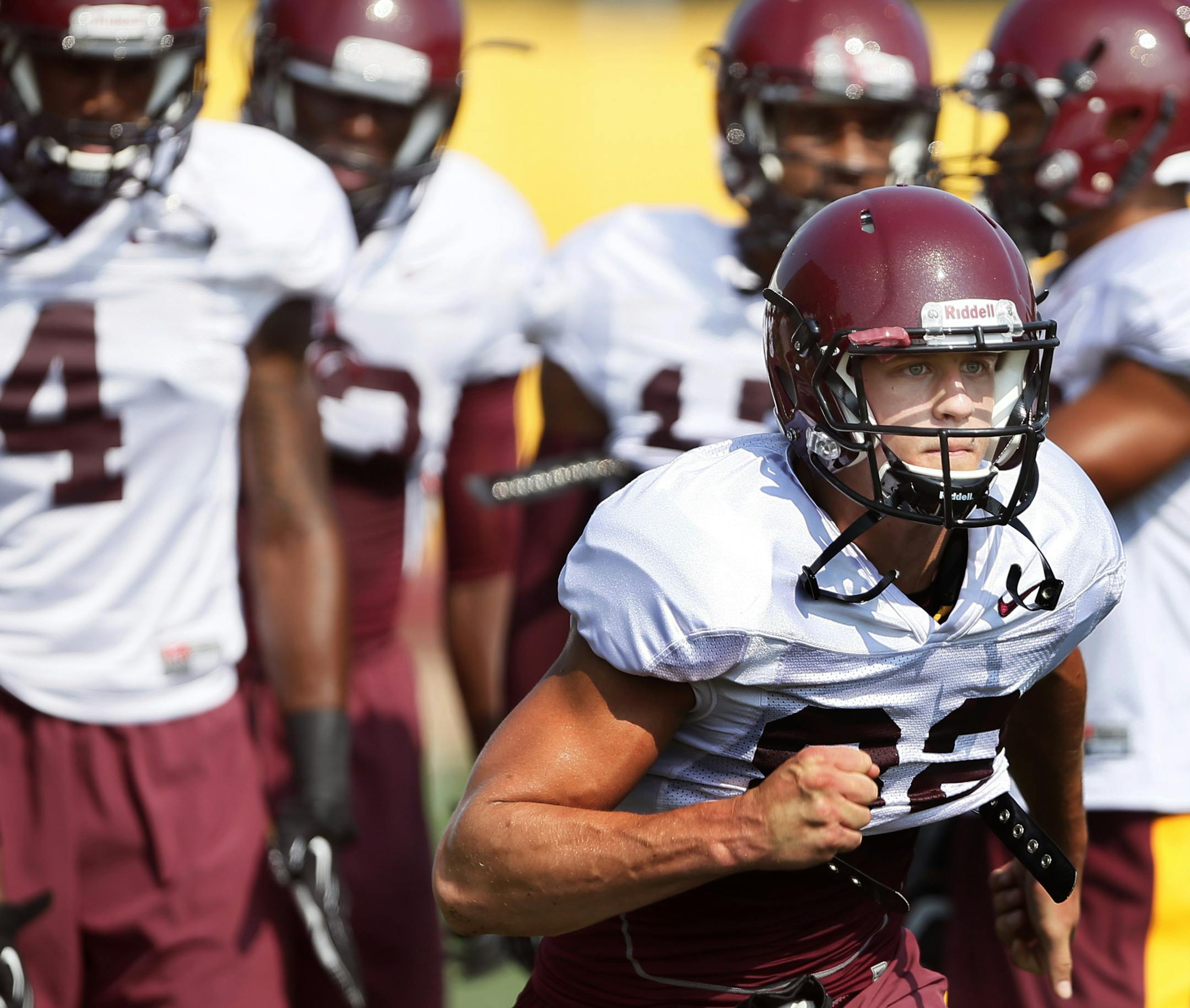 Receiver Drew Wolitarsky runs drills during Gopher football practice at the University of Minnesota Sunday August 3 , 2014 in Minneapolis , MN . ] Jerry Holt Jerry.holt@startribune.com