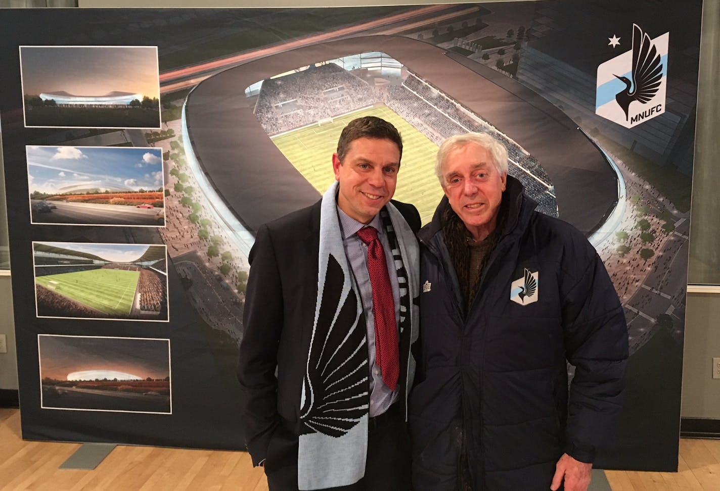 Photo for page 2 (if you need it). Minnesota United sporting director Manny Lagos and his father, Buzz, pose in front of images of United's new stadium after a ceremonial groundbreaking Monday in St. Paul photo/Michael Rand