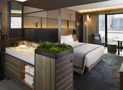 A typical room at the 1 Hotel is compact, while offering space for tons of storage and greenery. (MUST CREDIT: 1 Hotel Brooklyn Bridge) ORG XMIT: 5471