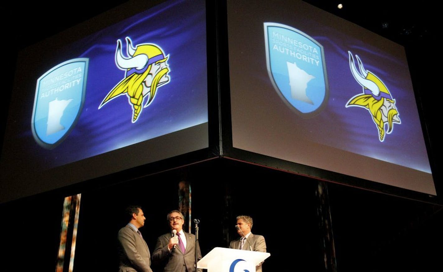 Vikings President Mark Wilf, principal owner of the Minnesota Vikings Zygi Wilf and play by play announcer Paul Allen addressed the crowd during Minnesota Vikings stadium presentation at Guthrie Theater on Monday.