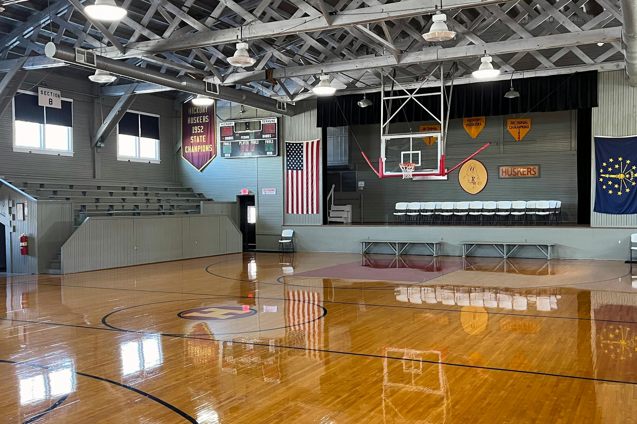 The gym where many scenes from the movie “Hoosiers” was filmed in the mid-1980s plays host to dozens of high school games each year as fans still flock to the site.