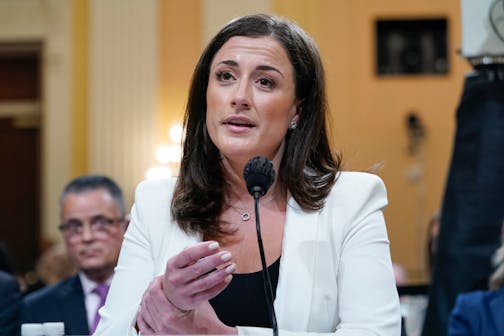 Cassidy Hutchinson, former aide to Trump White House chief of staff Mark Meadows, testifies about how former President Donald Trump reacted in his vehicle after being told he was not able to go to the Capitol from the Ellipse on Jan. 6, as the House select committee investigating the Jan. 6 attack on the U.S. Capitol continues to reveal its findings of a year-long investigation, at the Capitol in Washington, Tuesday, June 28, 2022. (AP Photo/Jacquelyn Martin)