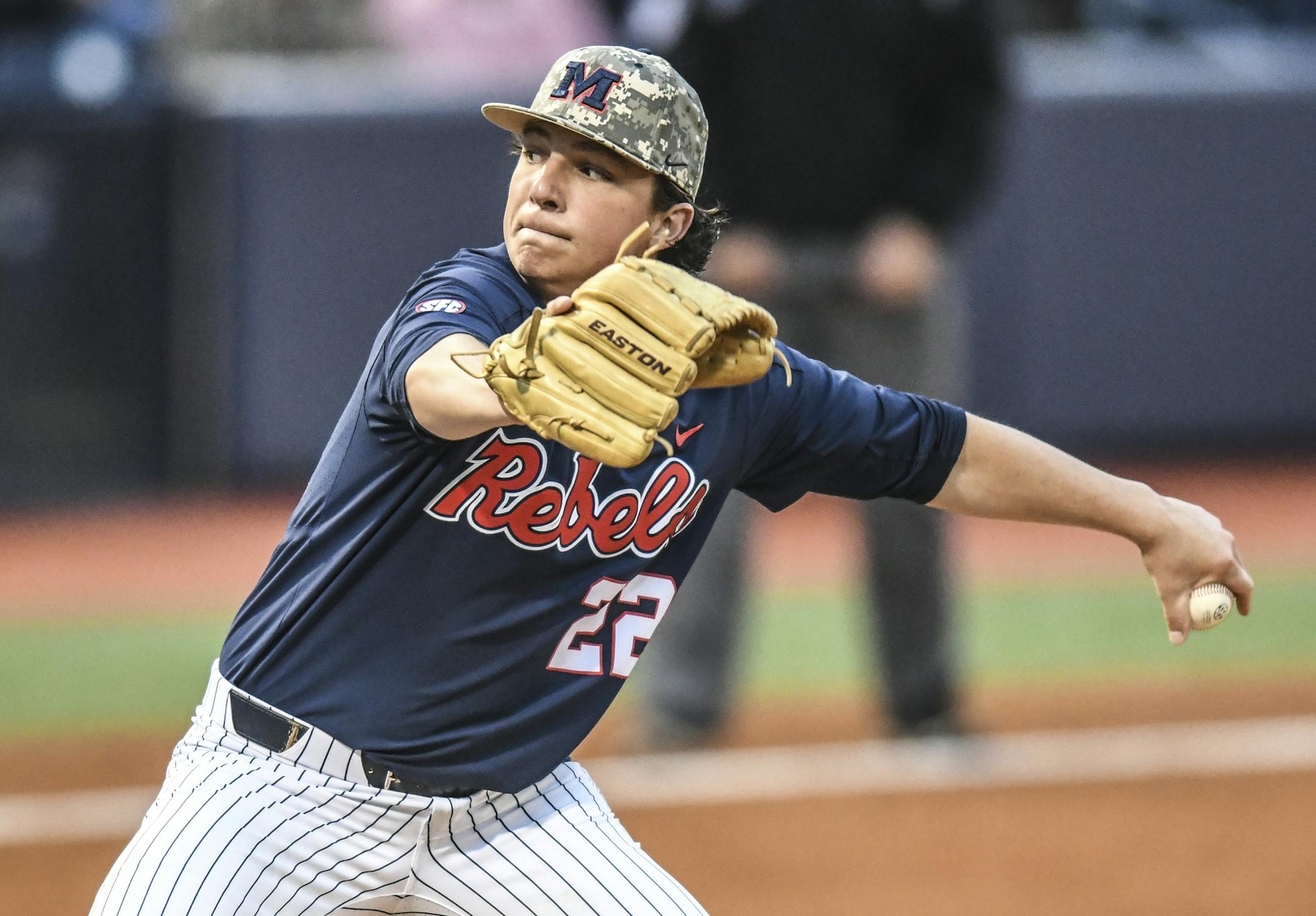 Mississippi's Ryan Rolison pitches against LSU during a college baseball game in Oxford, Miss., Thursday, April 26, 2018. (Bruce Newman/The Oxford Eagle via AP)