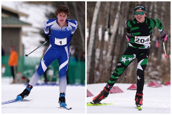Freshmen Logan Drevlow (left) of Hopkins and Linnea Ousdigian of Mounds View won Nordic skiing state titles.