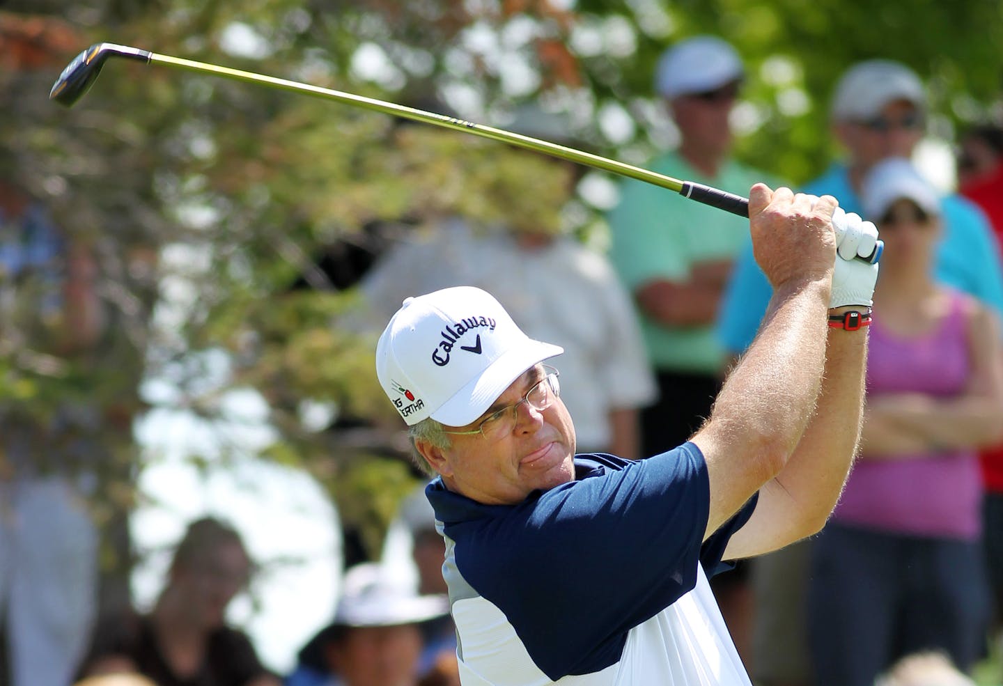 Kenny Perry teed off on the eighth hole during the final round of the 3M Championship at TPC Twin Cities in Blaine on Sunday. Perry repeated as tournament champion and won by four shots.