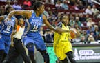Seattle Storm guard Alexis Peterson can&#x2019;t turn the corner on the lane against Minnesota Lynx center Temi Fagbenie during the fourth quarter of 
