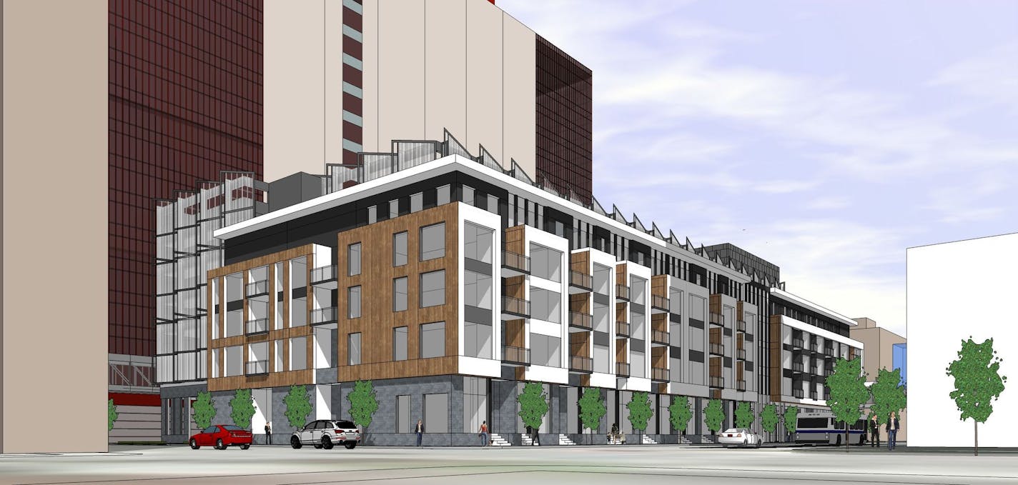 The proposed development includes a small apartment complex and five-level parking ramp.
Image courtesy Thrivent Financial