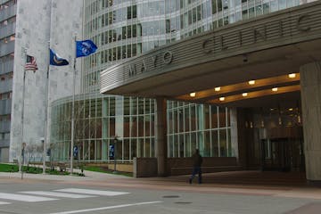 The entrance to the Gonda building at the Mayo Clinic in Rochester, Minn.