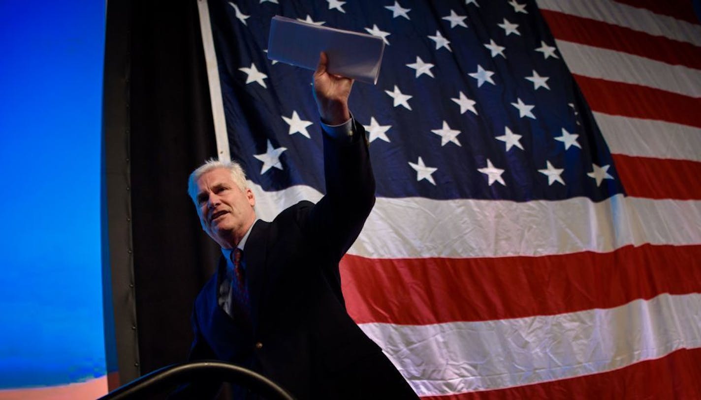 Congressman Tom Emmer waved to the crowd as he left the state at the GOP convention.