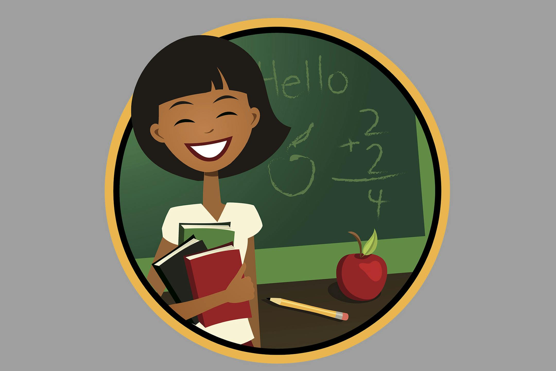 iStockphoto.com
A friendly teacher with books, in front of a chalkboard, apple, and pencil.