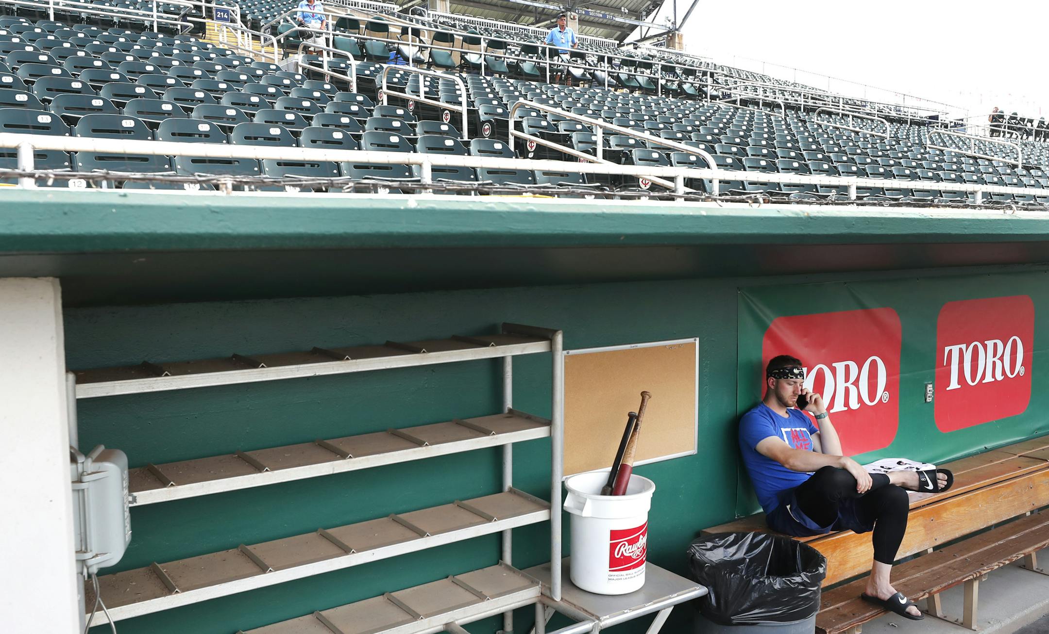 Twins catcher Mitch Garver sat in front of the dugout in Flort Myers, Fla., on the day that spring training games were called off in March.