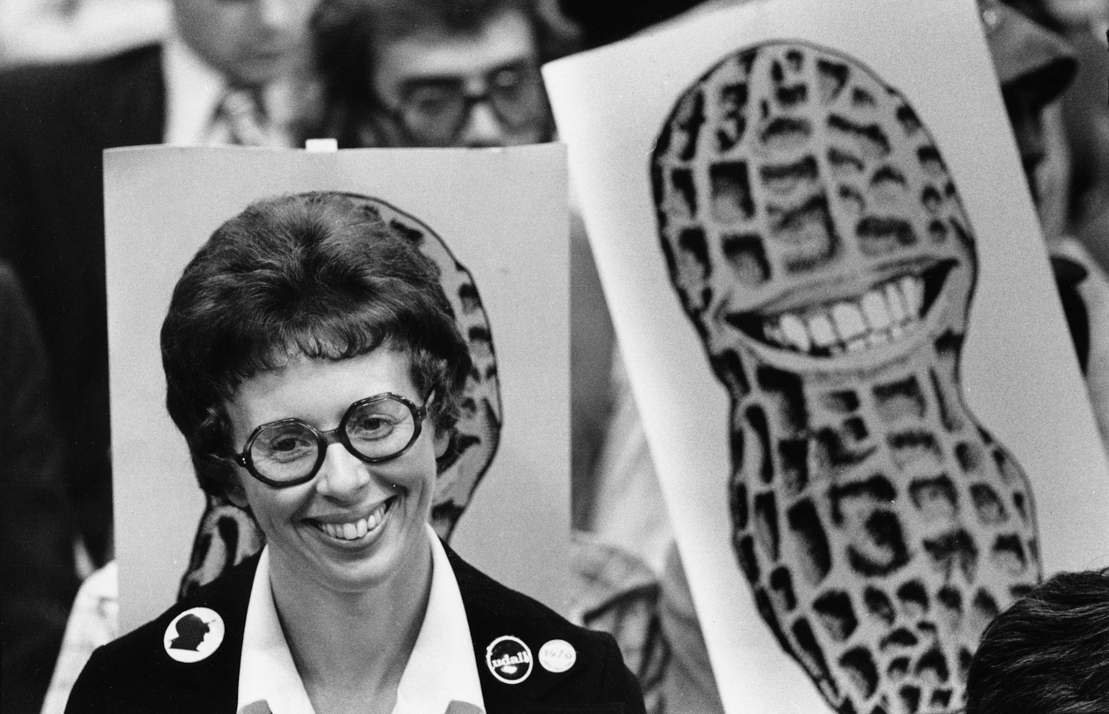 A Morris Udall supporter among Jimmy Carter signs at the Democratic convention in New York in July 1976.