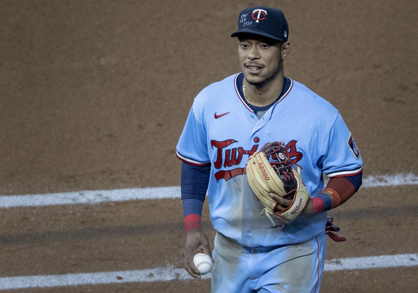 Minnesota Twins shortstop Jorge Polanco had a tribute to Ozzie Virgil on his hat on the anniversary of him being the first player from the Dominican Republic to the majors. ] CARLOS GONZALEZ • cgonzalez@startribune.com – Minneapolis, MN – September 23, 2020, Target Field, MLB, Minnesota Twins vs. Detroit Tigers