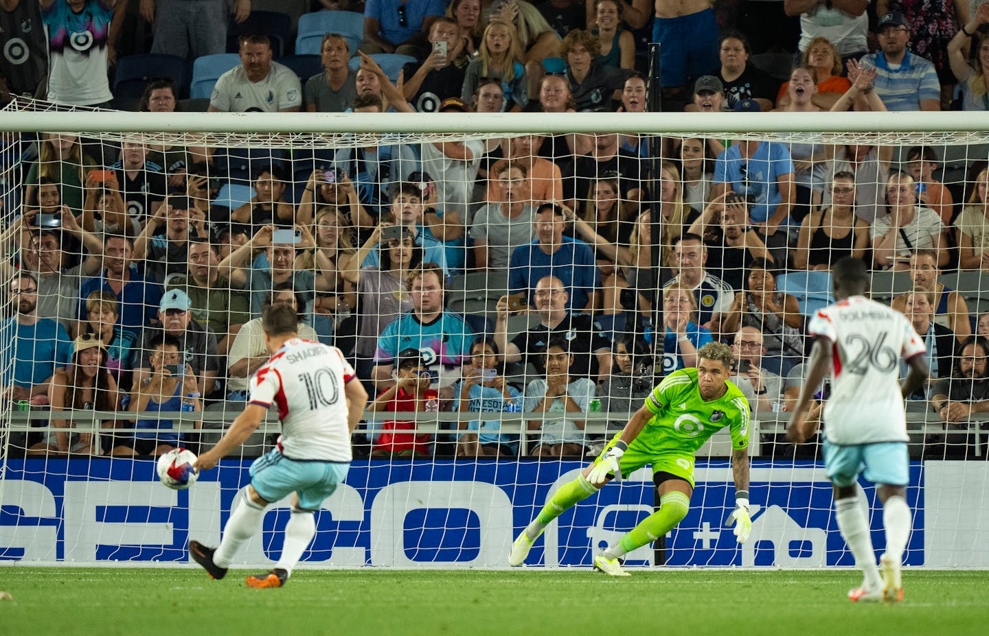 Minnesota United goalkeeper Dayne St. Clair (97) went to his right and Chicago Fire midfielder Xherdan Shaqiri (10) shot a penalty kick to the left to tie score at 1-1 in the second half. The Minnesota United FC faced the Chicago Fire FC in a Leagues Cup 2023 match Thursday night, July 27, 2023 at Allianz Field in St. Paul. ] JEFF WHEELER • jeff.wheeler@startribune.com