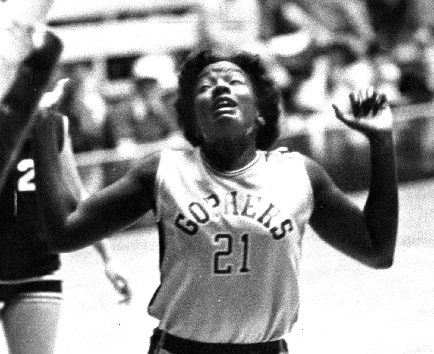 March 19, 1981 Minnesota center Linda Roberts grimaced after she missed a shot in the final minutes of the Gophers' 68-65 loss to Jackson State in the first round of the AIAW basketball tournament Wednesday night at Williams Arena. Later, Roberts, who had 19 points and 12 rebounds, fouled out. March 18, 1981 Pete Hohn, Minneapolis Star Tribune