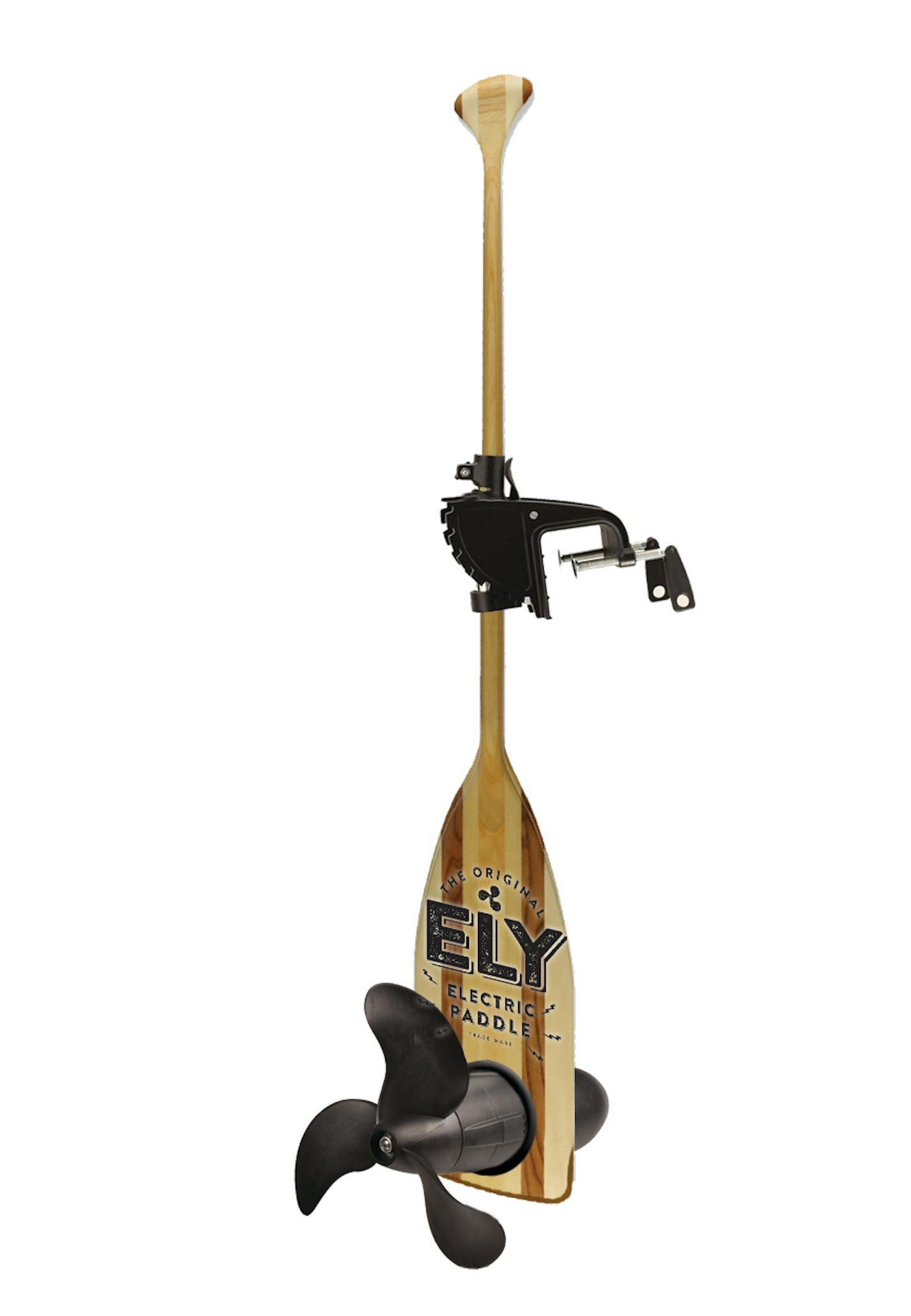 The Ely electric motor paddle can be attached to a canoe.