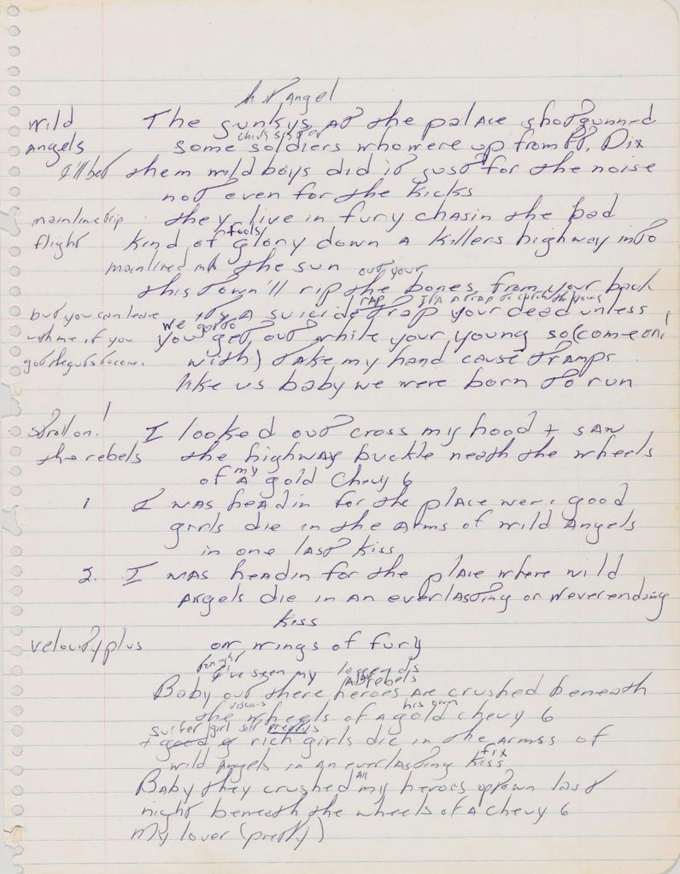 In this image released Tuesday, May 6, 2014, by Sotheby�s, an autographed manuscript signed by Bruce Springsteen is shown. The piece of lined paper is going on display Thursday, May 8, 2014, at Duke University. Floyd Bradley bought the lyrics at Sotheby's auction late last year and is letting Duke display them through the end of June.