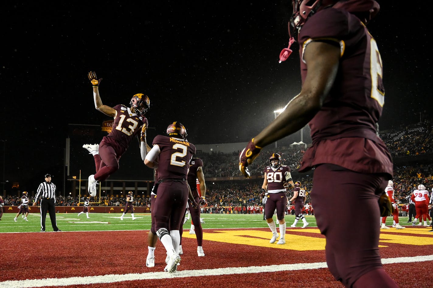 Gophers wide receiver Rashod Bateman (13) and quarterback Tanner Morgan, celebrated after a touchdown last season vs. Nebraska.