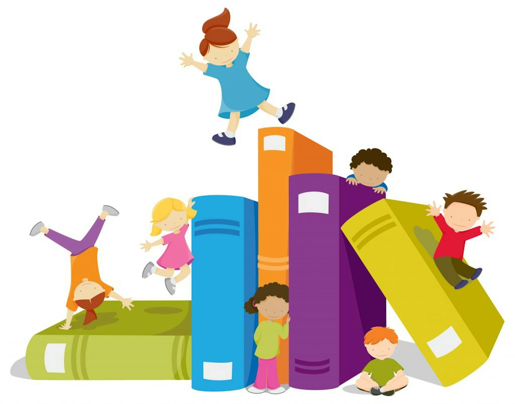 istockphoto.com illustration
kids jumping, playing on books. children's reading.