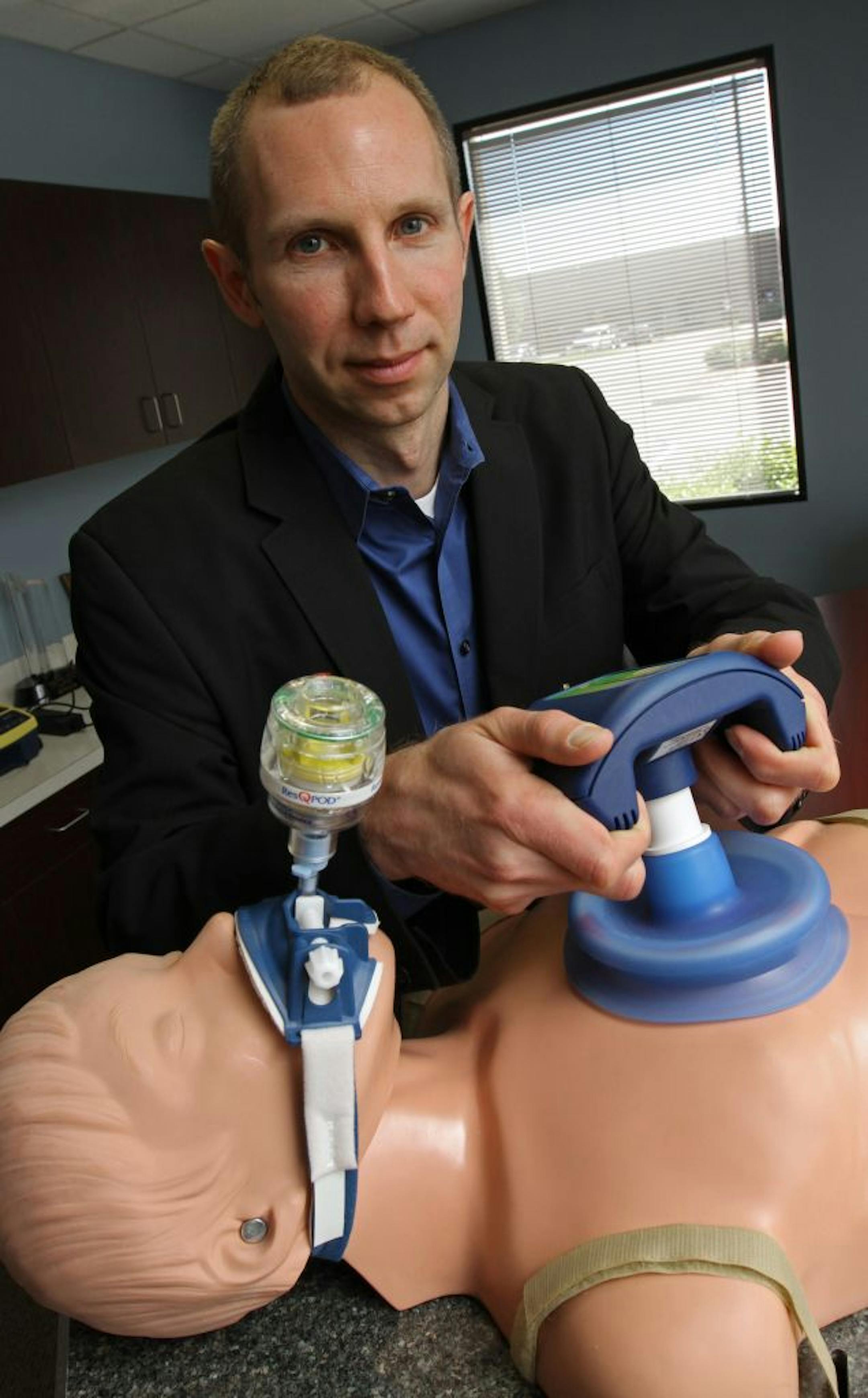 Mike Black, CEO of Advanced Circulatory Systems of Roseville, demonstrated the ResQPump and the ResQPOD, two non-invasive circulatory enhancement products used by medical professionals. Black was photographed on 5/9/12 at the Roseville headquarters.