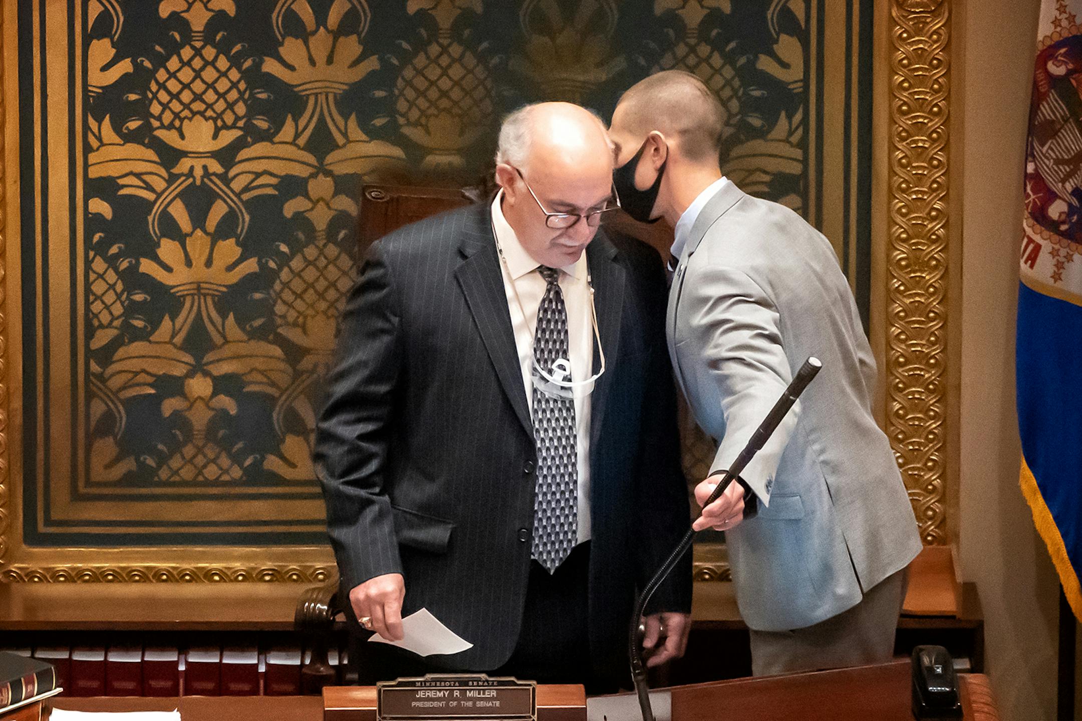 Outgoing Senate President Senate President Jeremy Miller, R-Winona whispered to Sen. David Tomassoni, DFL-Chisholm before Tomassoni addressed the Senate Chamber. By a vote of 63-4, Iron Range DFL Sen. David Tomassoni has been approved to become the new president of the Minnesota Senate, which is controlled by Republicans. This is the first time a Minnesota Senate President is from the minority party.