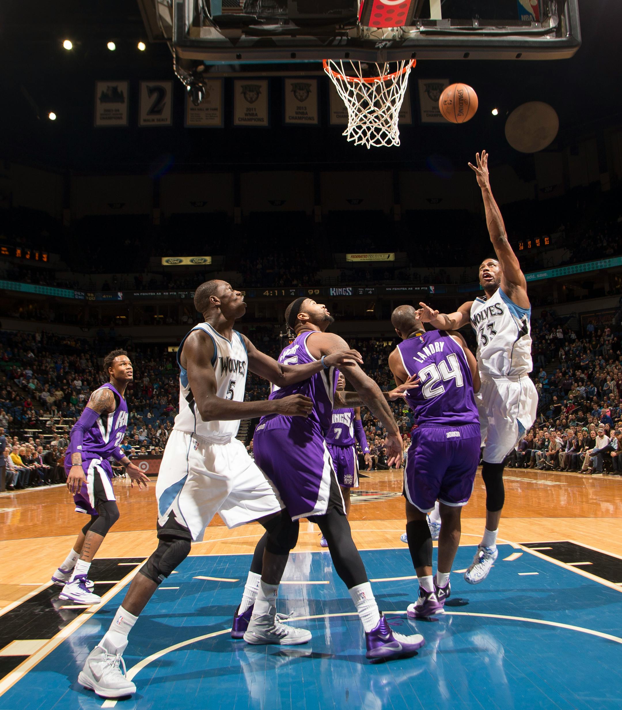 Minnesota Timberwolves forward Thaddeus Young (33) attempts a basket in the paint against the Sacramento Kings in the second half.