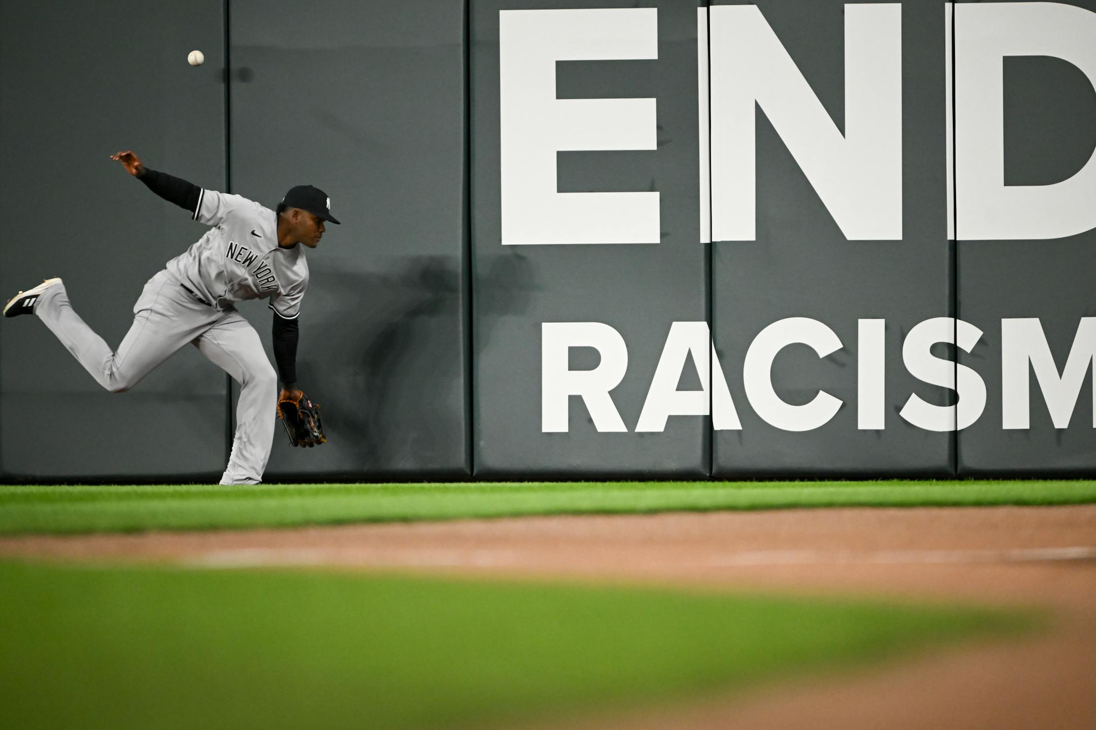New York Yankees right fielder Franchy Cordero is unable to make the play on a one-run triple hit by Twins shortstop Carlos Correa in the bottom of the 8th inning .