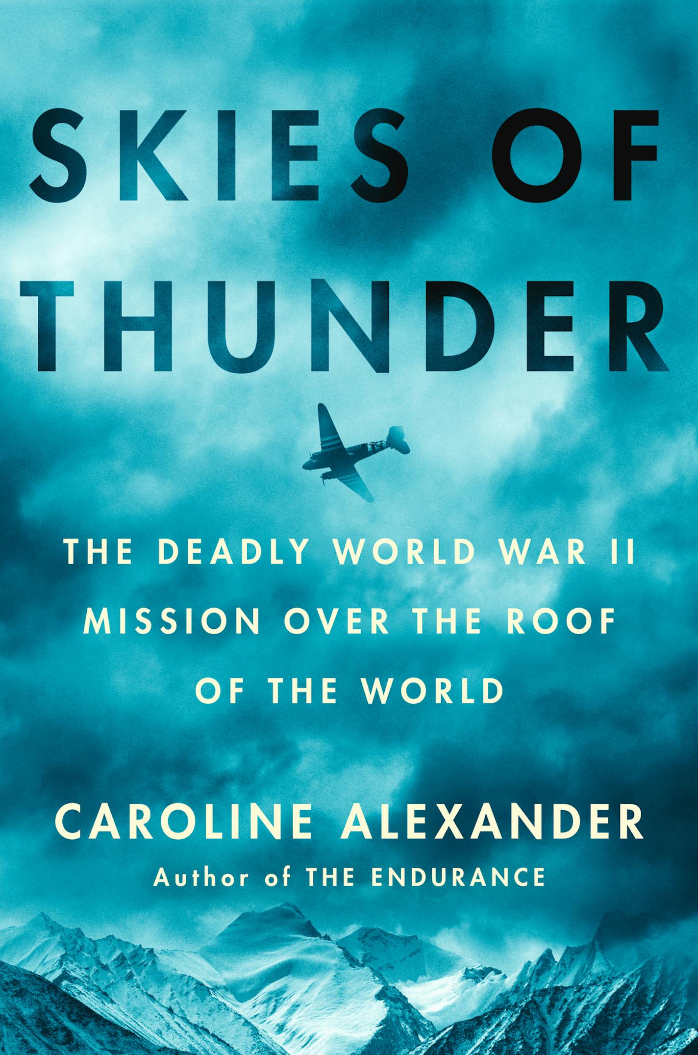 cover of "Skies of Thunder" is blue, a photo of a plane flying over mountains