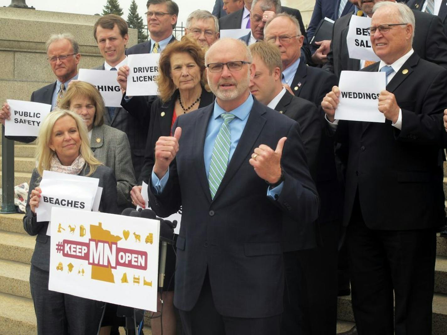 Republican state Sen. Roger Chamberlain spoke Saturday at a news conference on the steps of the Minnesota Capitol after the Senate passed his bill for preventing a state government shutdown if the Legislature's budget stalemate persists.