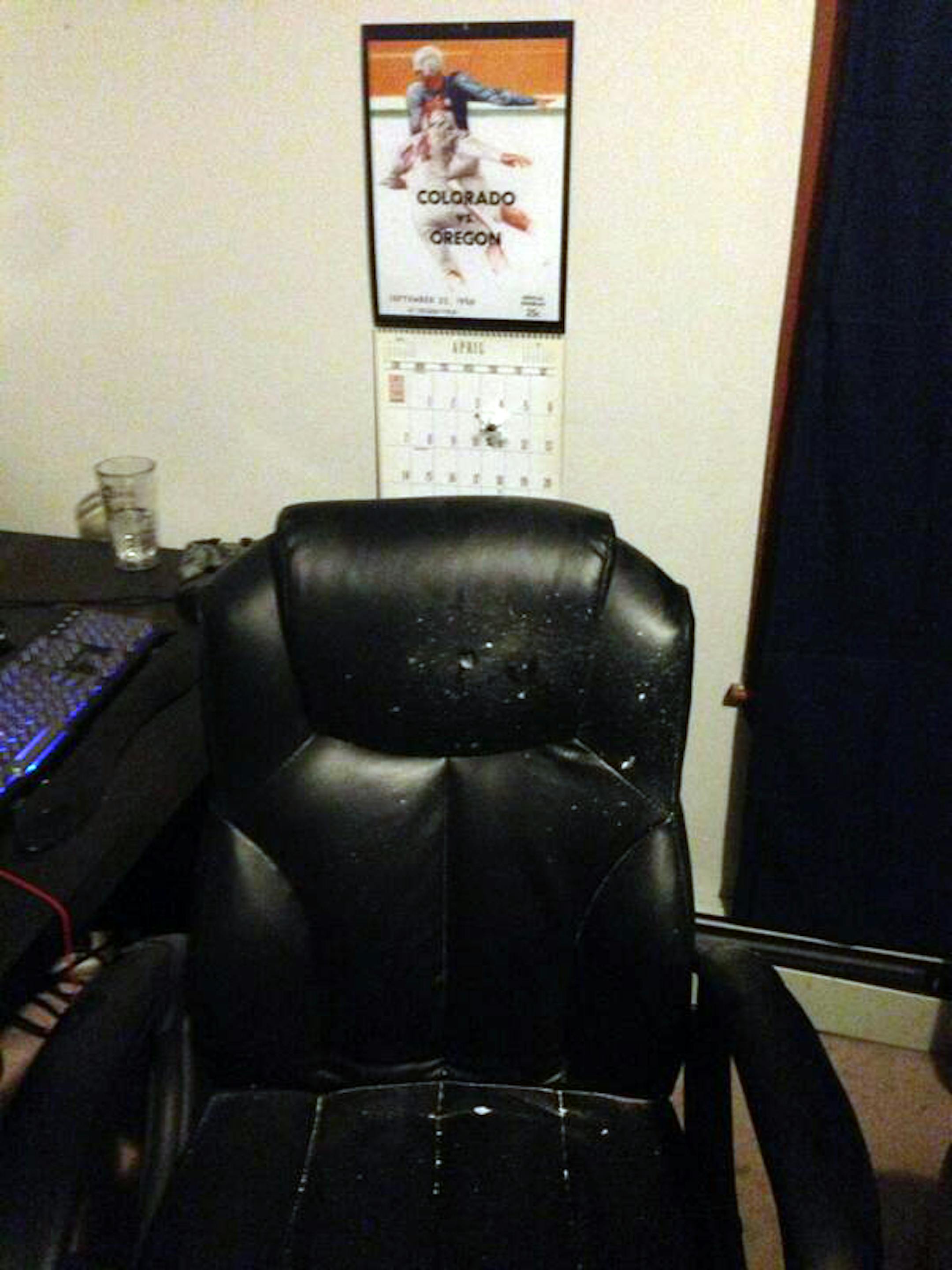 Witness Andrew Kitzenberg, an Edina native who lives in Watertown, Mass., posted this photo to his Twitter account with the caption: Bullet hole through our wall and the chair.