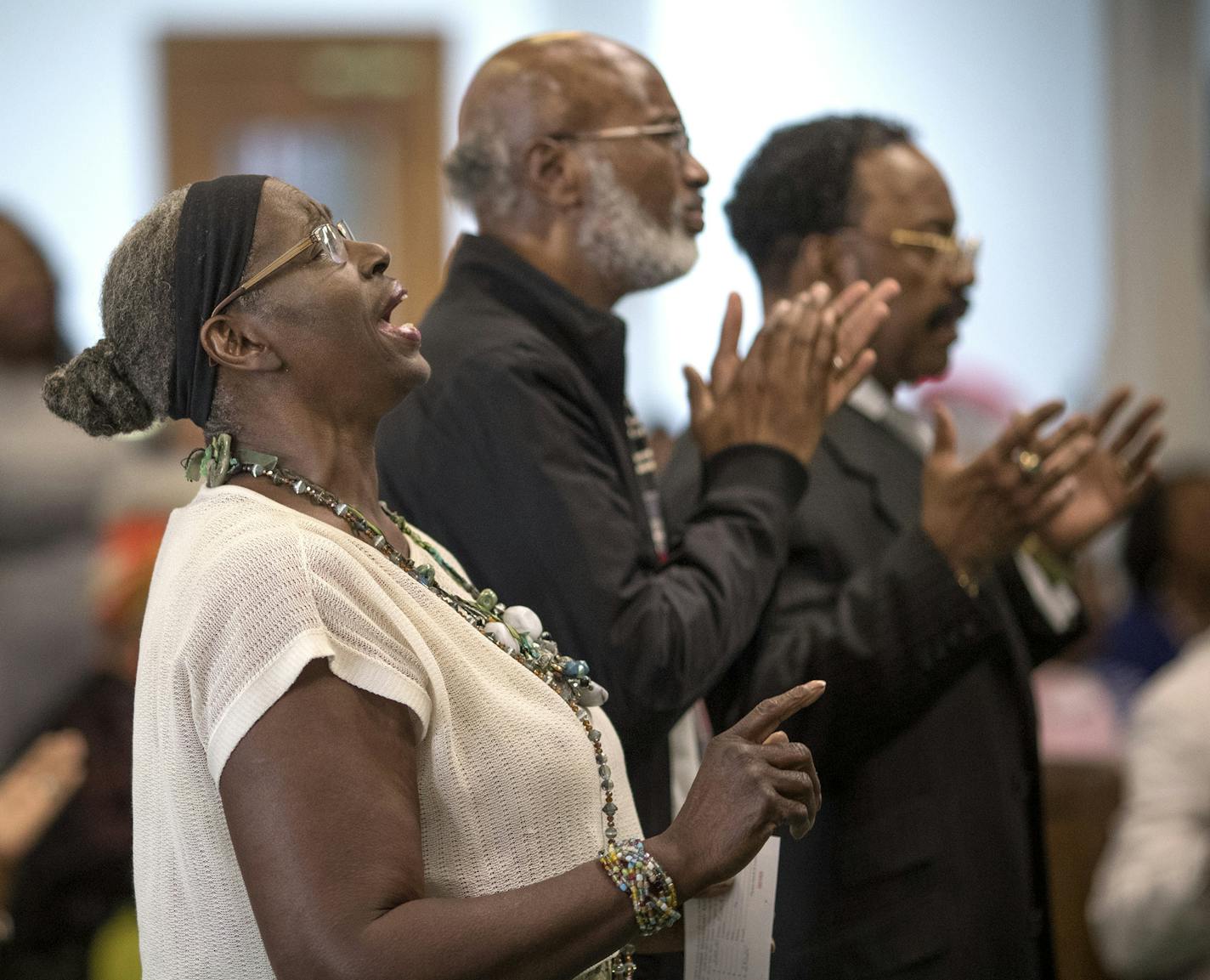 Nell Collier left and her husband Ron Collier with Amos Stevenson (all are assistant pastors) at Greater Friendship Missionary Baptist Church during worship services Sunday August 19, 2018 in Minneapolis, MN.] Rev. Russell is President of the Minnesota Baptist Convention. JERRY HOLT &#xef; jerry.holt@startribune.com