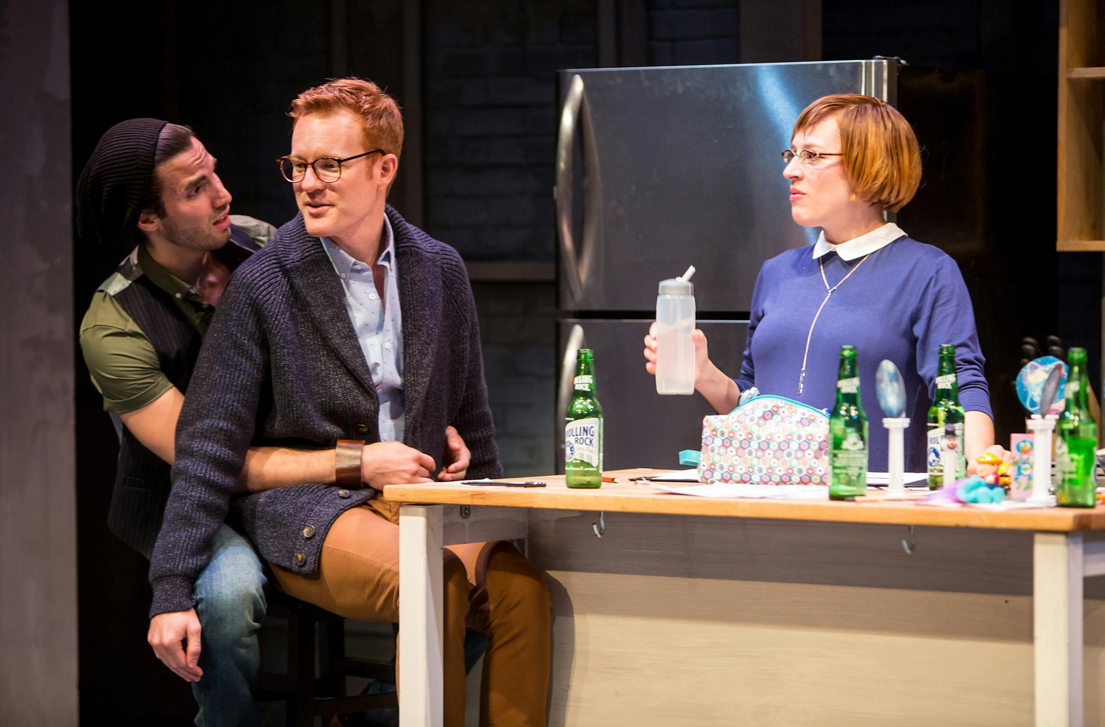 Michael Hanna as Benoit, Kasey Mahaffy as David and Emily Gunyou Halaas as his twin sister, Sarah, in "Le Switch" at the Jungle Theater. PHOTO CREDIT: Dan Norman