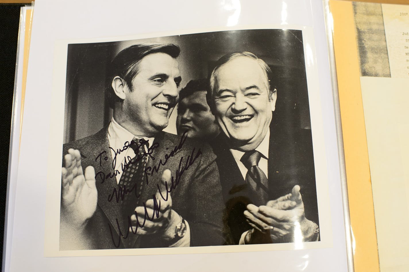 An autographed photo to Judge Alsop from Sens Mondale and Humphrey. Senior U.S. District Judge Donald Alsop was nominated to the federal judge seat as one of Nixon's final moves as President of the United States the day before he resigned -- Aug. 8, 1974, 40 years ago this Friday. Alsop received his nomination and went home, only to see Nixon's resignation speech on television. ] Tuesday, August 5, 2014. GLEN STUBBE * gstubbe@startribune.com