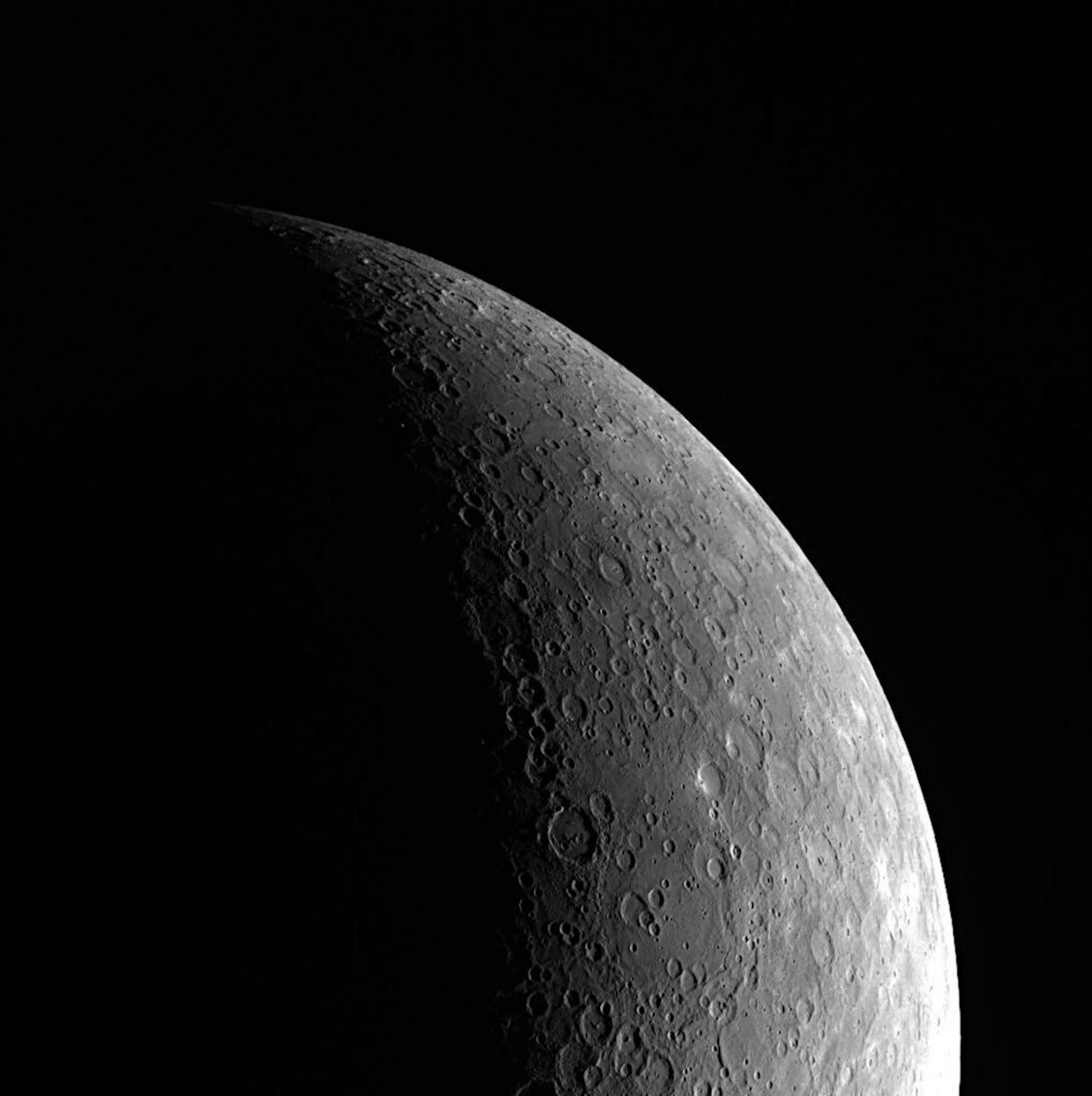 The "Crescent View of Mercury" taken by NASA's "Mercury Surface, Space Environment, Geochemistry and Ranging" spacecraft.