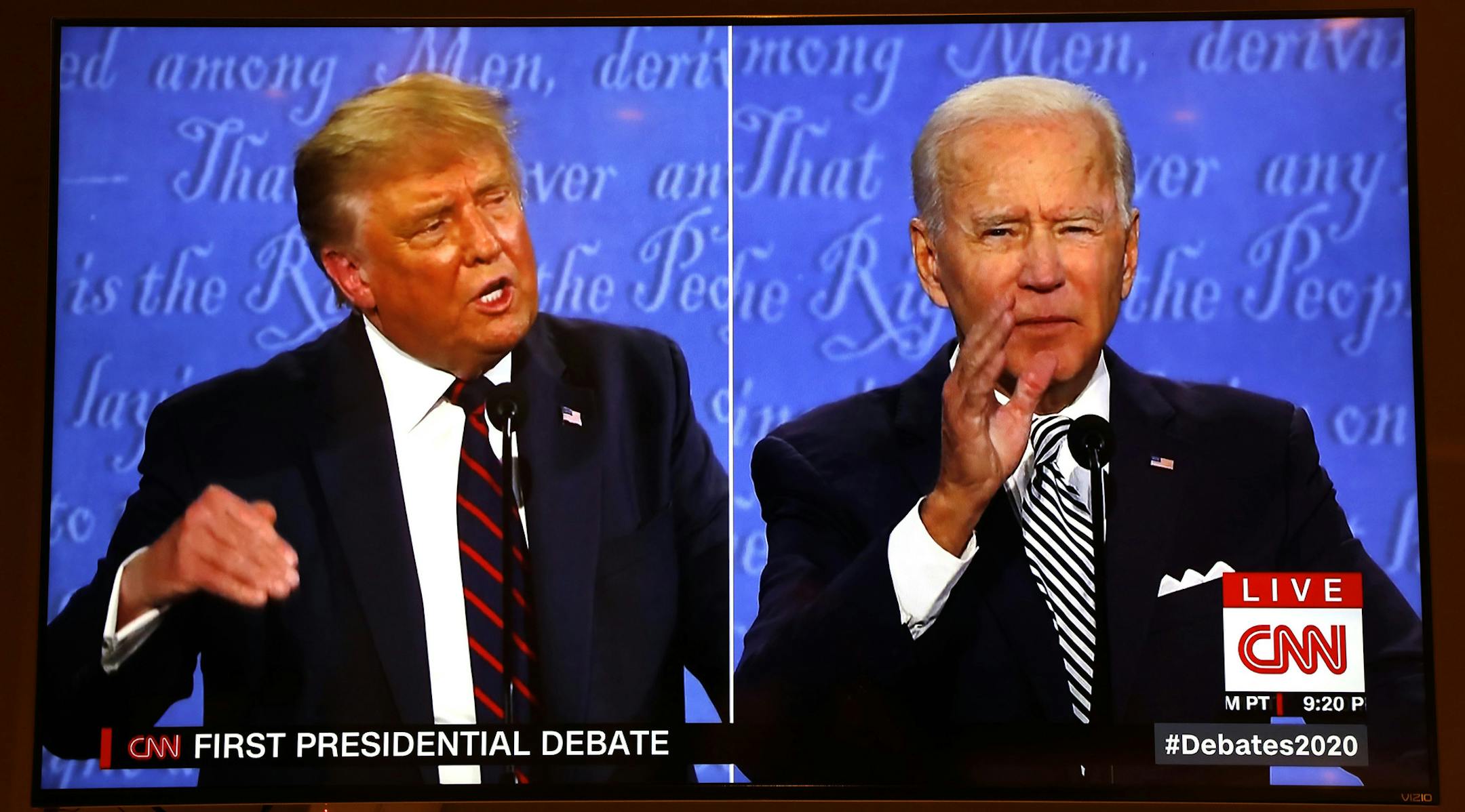 President Donald Trump and Democratic presidential nominee Joe Biden participate in the first presidential debate at the Health Education Campus of Case Western Reserve University, on Tuesday, Sept. 29, 2020, in Cleveland. (Yuri Gripas/Abaca Press/TNS) ORG XMIT: 1788215