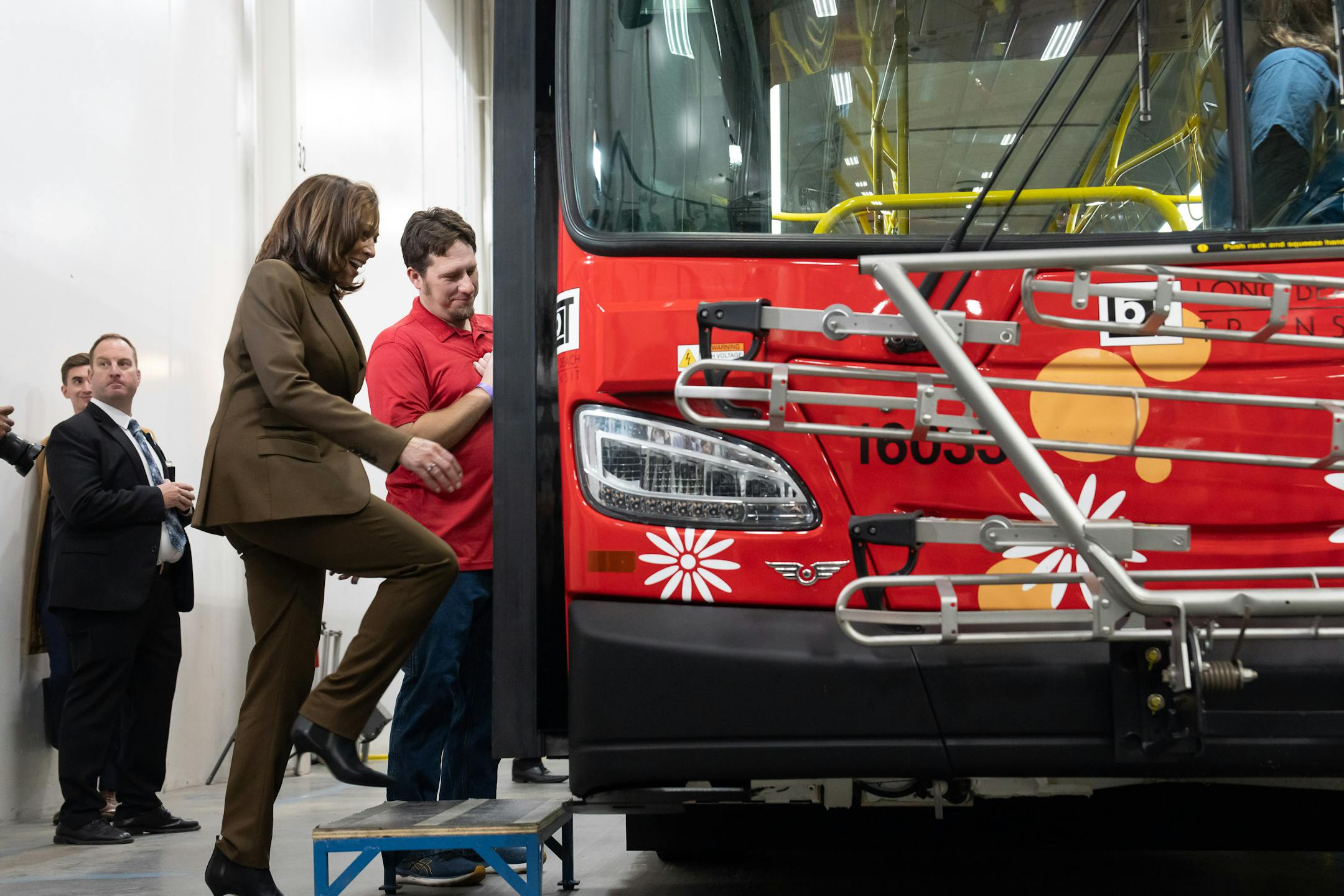 Vice President Kamala Harris tours the final assembly plant for New Flyer electric buses, Thursday, Feb. 9, 2023  St. Cloud, Minn.