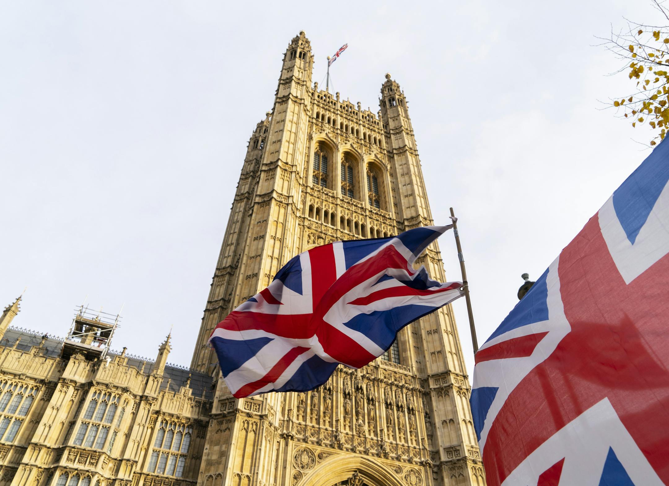 British flags fly outside the House of Parliament. (Photo by Edward Crawford / SOPA Images/Sipa USA)(Sipa via AP Images) ORG XMIT: SIPAPRE