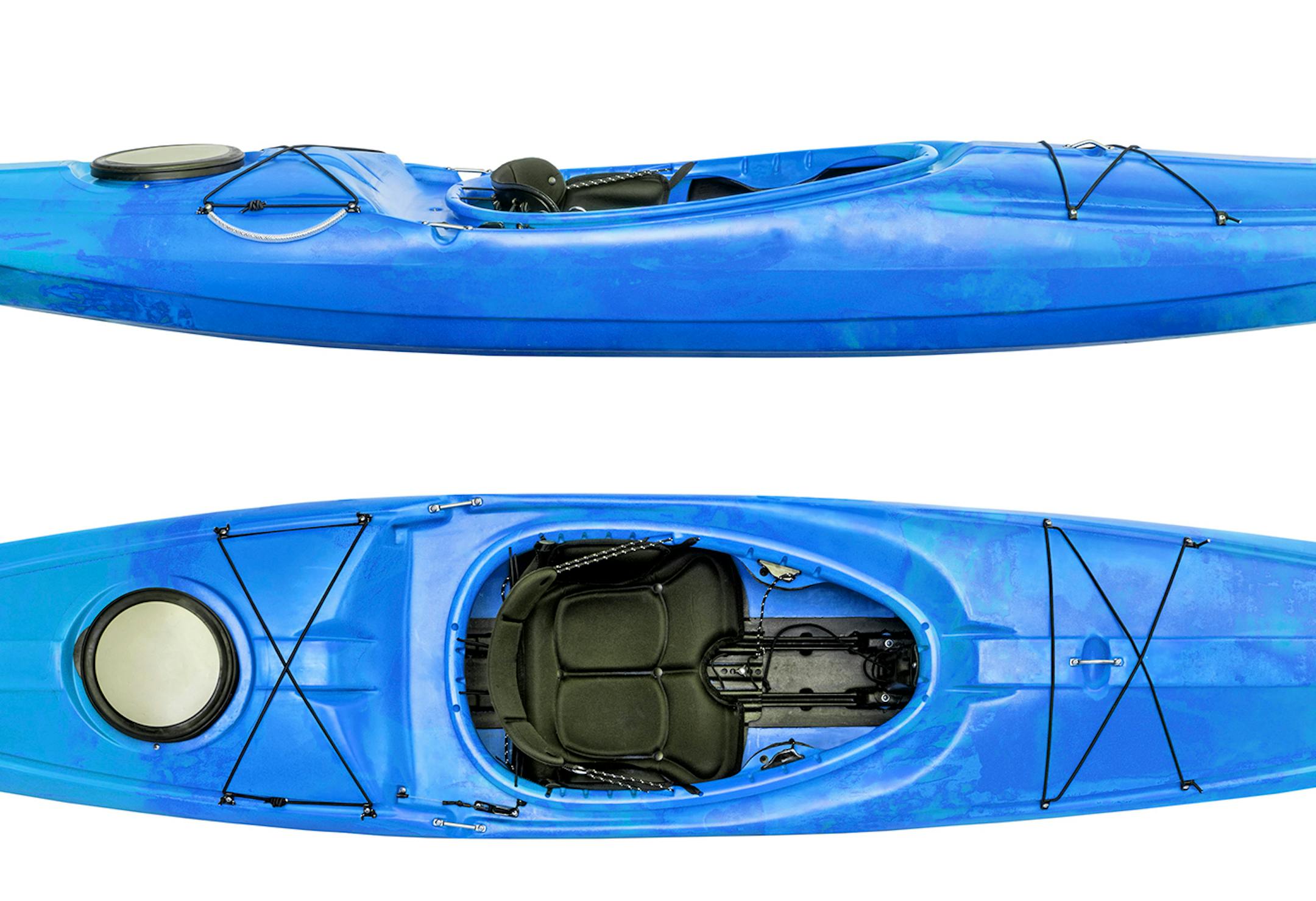side and top view of crossover kayak (whitewater and river running kayak) isolated on white