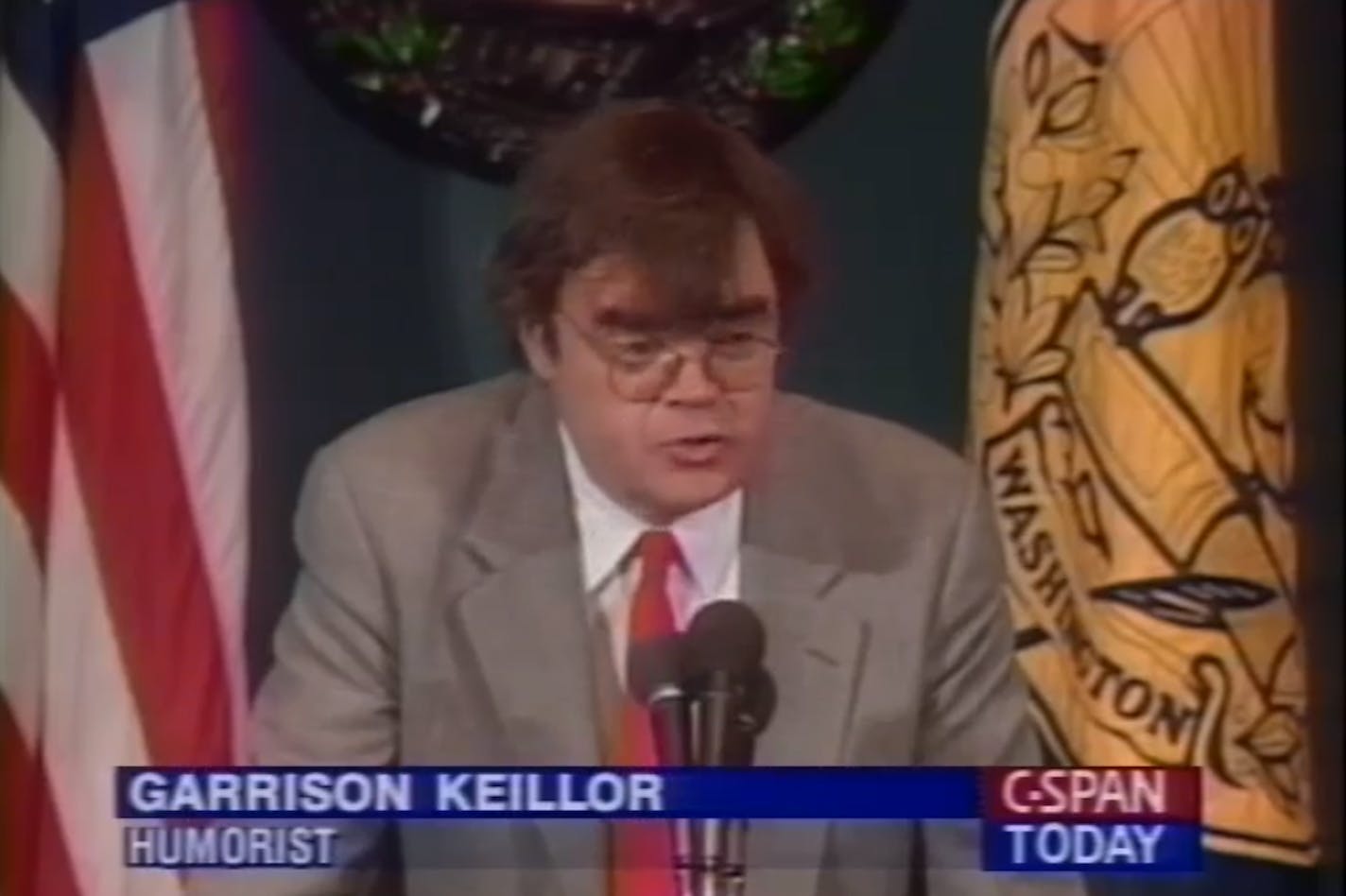 Garrison Keillor speaks at the National Press Club in Washington, D.C., on April 7, 1994.