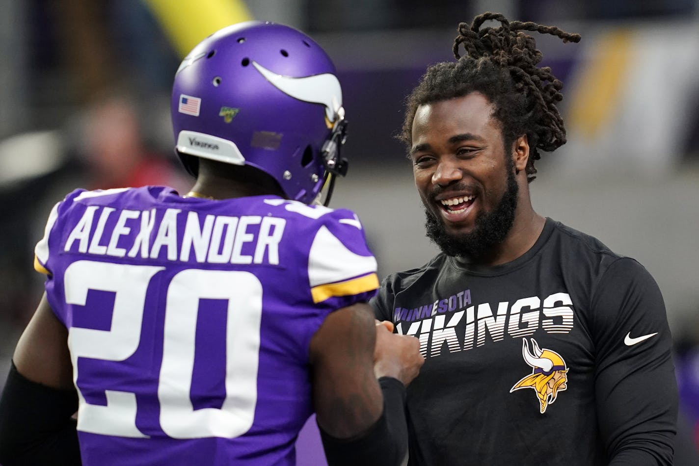 Mackensie Alexander visited with Dalvin Cook before the start of a game last season at U.S. Bank Stadium.