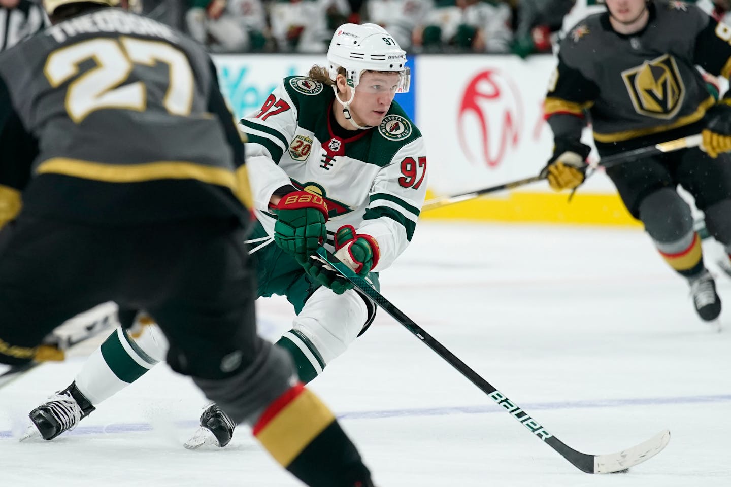 Minnesota Wild left wing Kirill Kaprizov (97) skates up the ice against the Vegas Golden Knights during the first period of an NHL hockey game Monday, March 1, 2021, in Las Vegas. (AP Photo/John Locher)