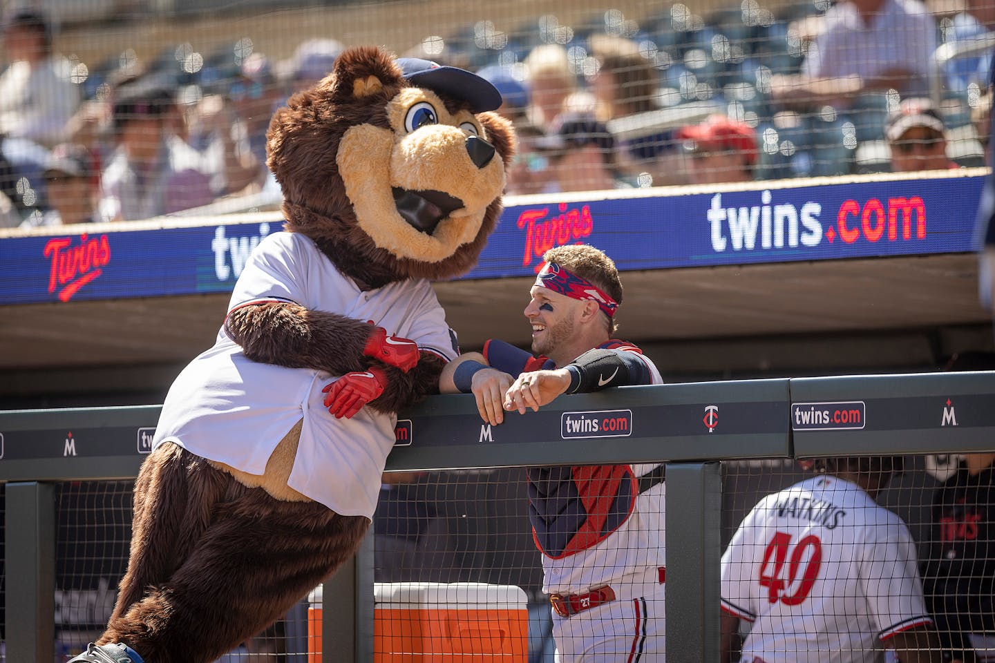 Minnesota Twins catcher Ryan Jeffers (27) chats with T.C. Bear before the Twins take on the Chicago White Sox at Target Field in Minneapolis, Minn., on Wednesday, April 12, 2023. ] Elizabeth Flores • liz.flores@startribune.com