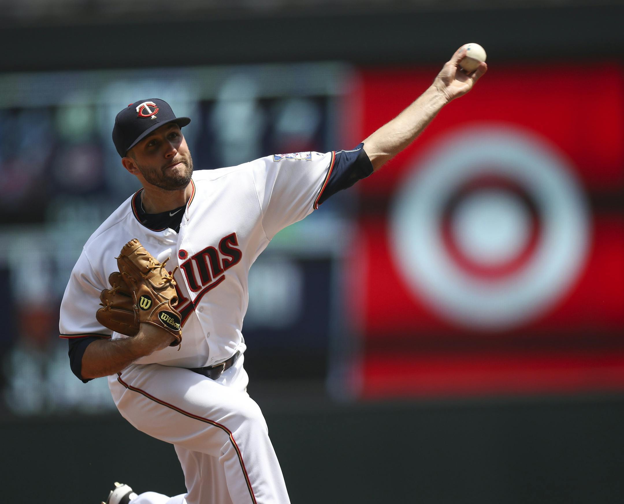 Twins starting pitcher Pat Dean throwing in the third inning Sunday afternoon. ] JEFF WHEELER ï jeff.wheeler@startribune.com The Twins closed out their series with a 7-4 win over the Boston Red Sox in 10 innings Sunday afternoon, June 12, 2016 at Target Field in Minneapolis.