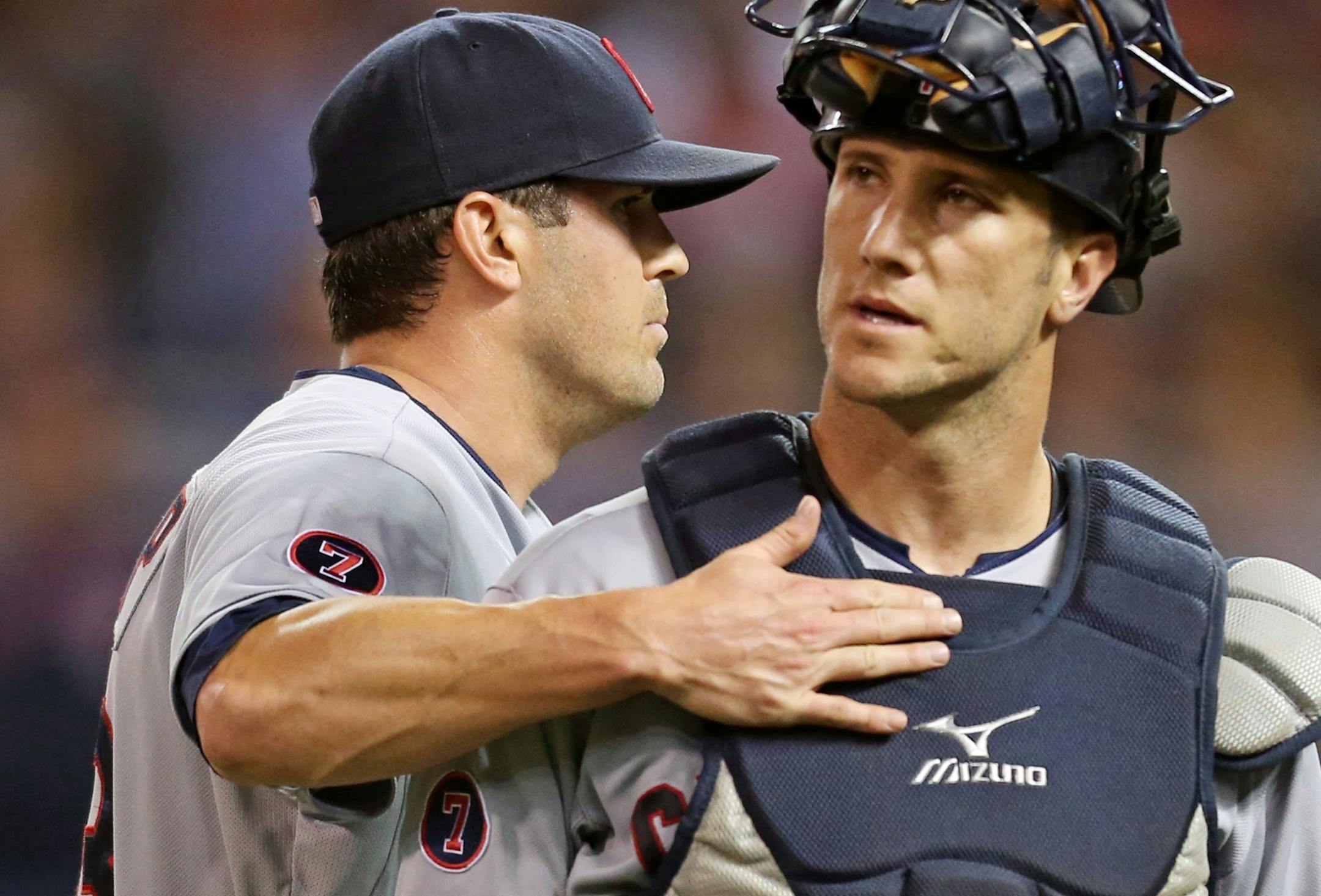 Cleveland Indians relief pitcher Jeff Manship (53) celebrated with catcher Yan Gomes (10) in the seventh inning at Target Field Tuesday September 22, 2015 in Minneapolis, MN.