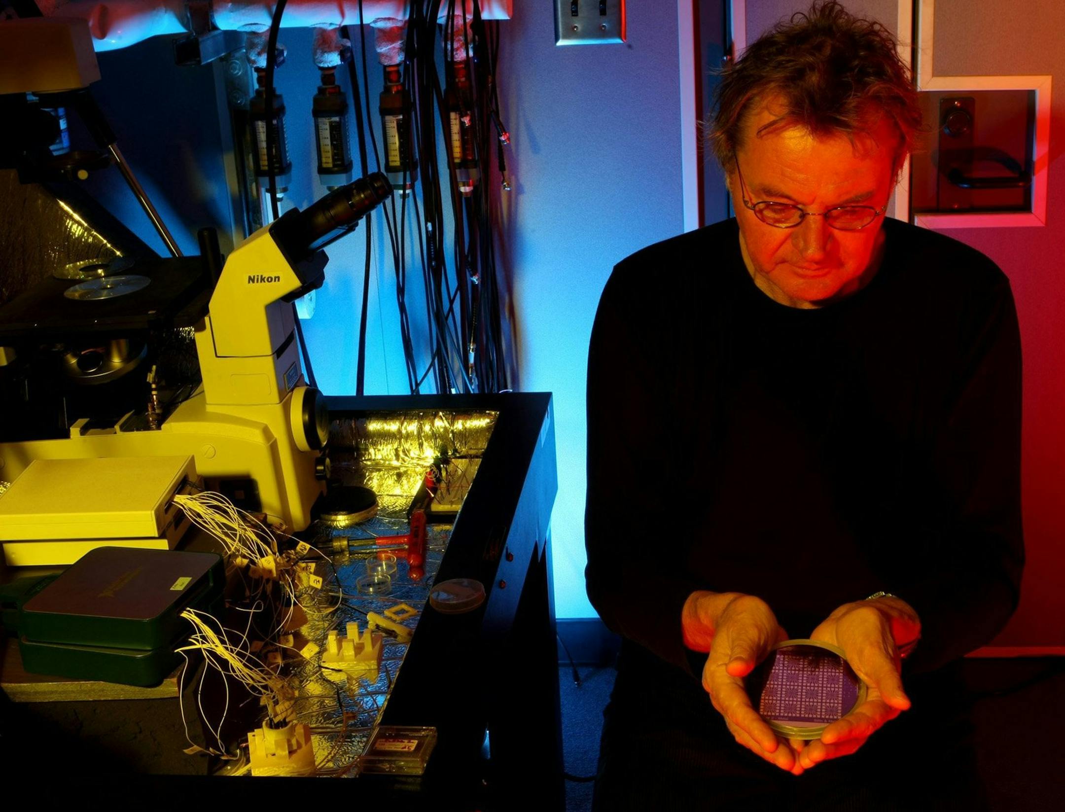 Dr. Jim Gimzewski holds a petri dish of silicon computer chips that are being used in his experiment to build a computer with the computational power of the brain in his lab at UCLA in Westwood, Calif., July 24, 2013. (Genaro Molina/Los Angeles Times/MCT)