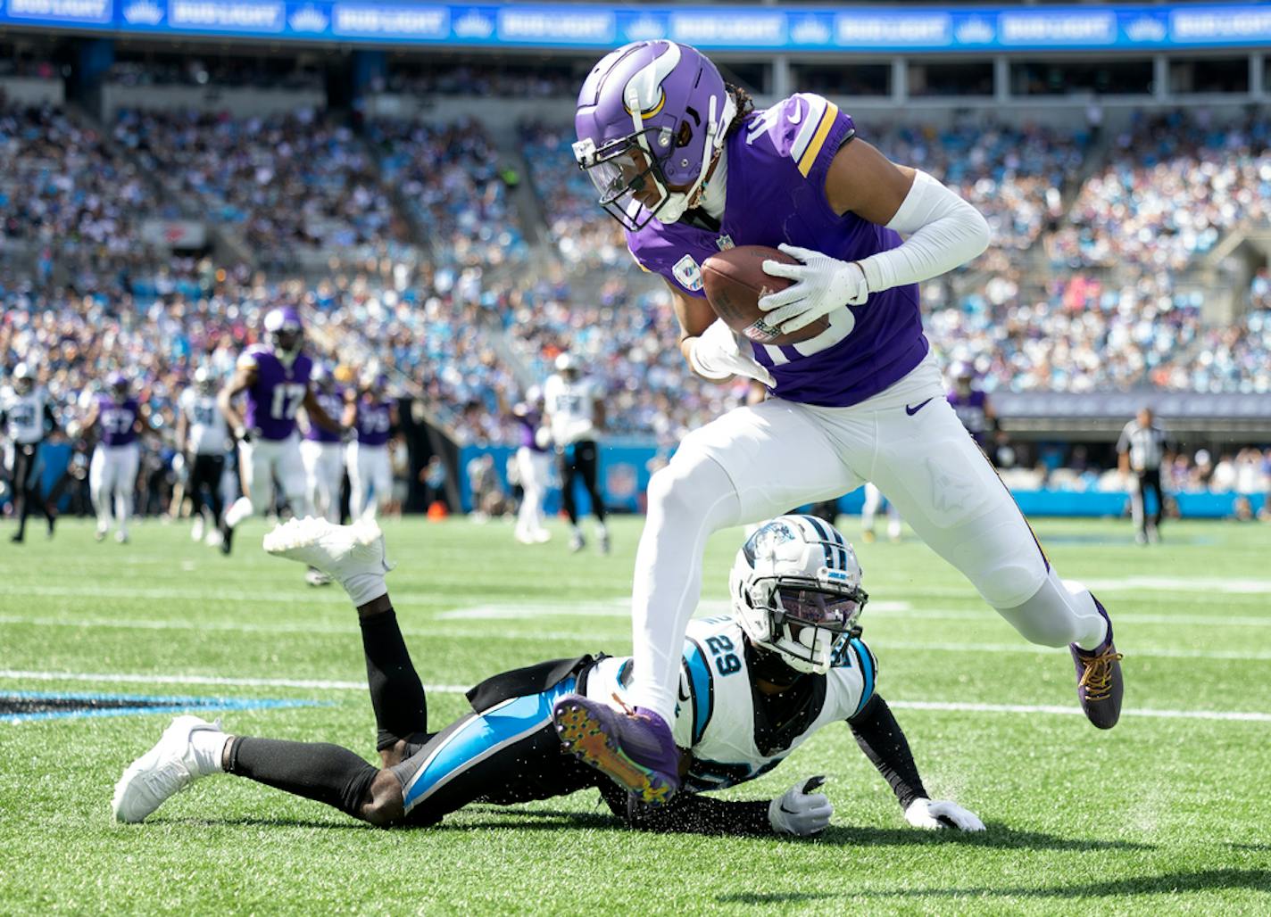 Minnesota Vikings Justin Jefferson (18) catches a 30-yard touchdown pass in the third quarter Sunday, October 1, 2023, at Bank of America Stadium in Charlotte, NC.  ] CARLOS GONZALEZ • carlos.gonzalez@startribune.com